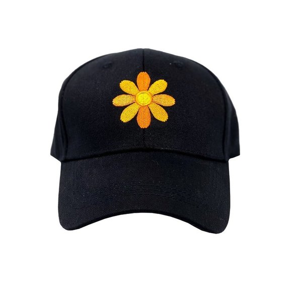 Womens Cute Fun Black baseball cap with orange embroidered flower NEW - Picture 2 of 2